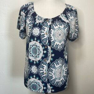 Exclusive One Women’s Size Large Blue Multicolor Top with Decorative Buttons